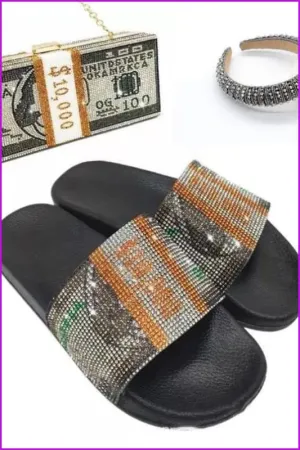 Rhinestone Dollars Slippers and Handbag/Head hoop F1709