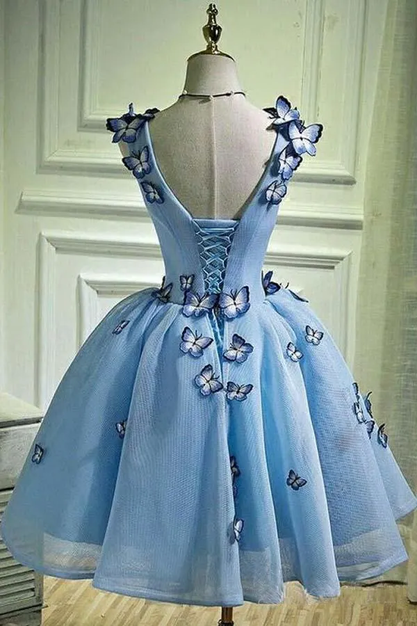 Sky Blue Homecoming Dresses Butterfly Applique Short Prom Dress PD282