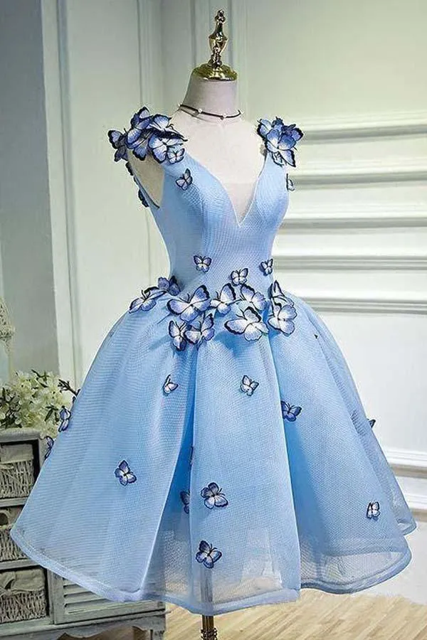 Sky Blue Homecoming Dresses Butterfly Applique Short Prom Dress PD282