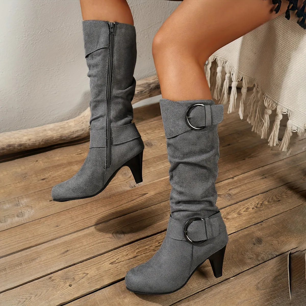 Stylish Knee-High Boots for Women - Chic Pointed Toe, High Heel Design with Side Zipper Closure, Soft Fabric Lining, Durable PVC Sole, and Comfortable Wear