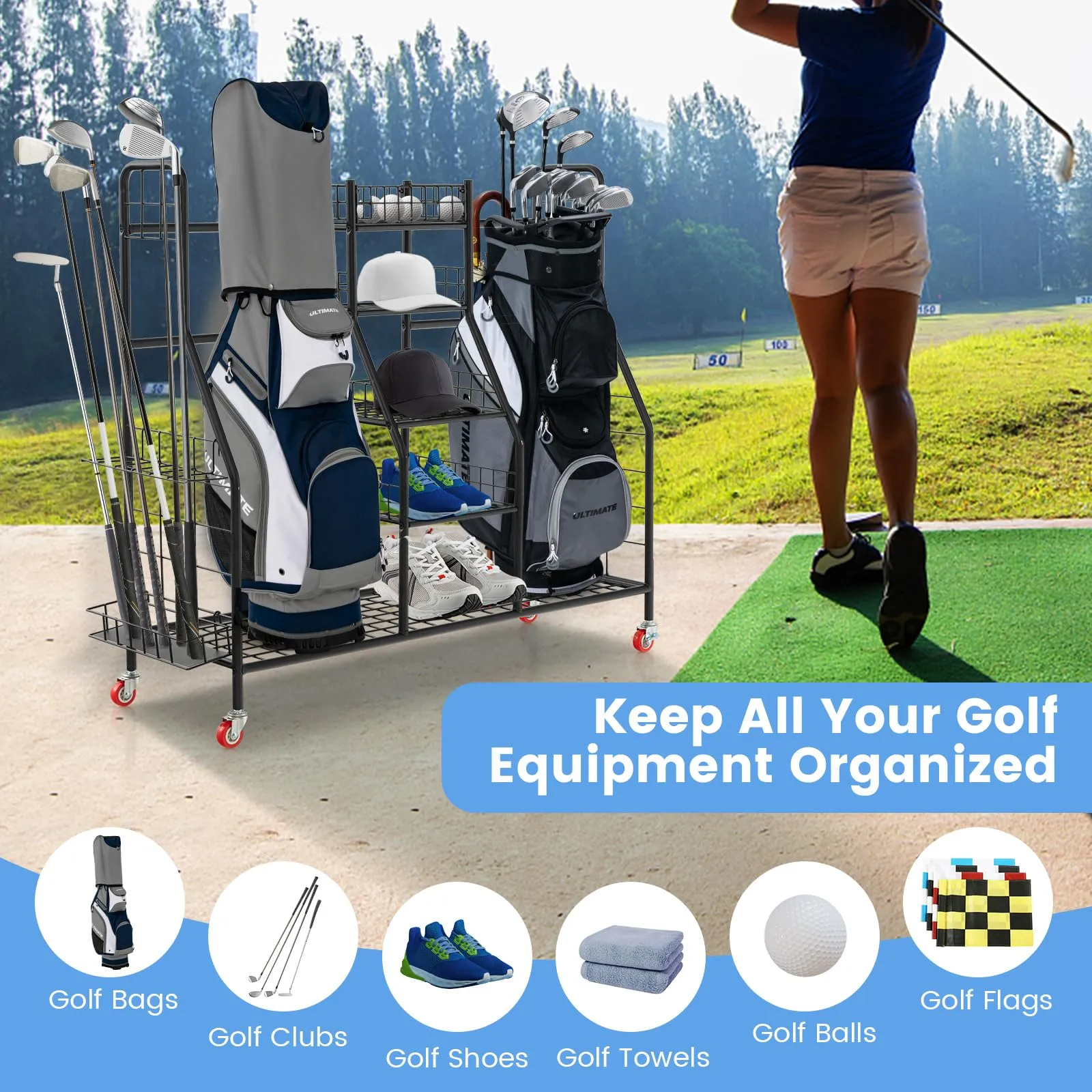 Tangkula Golf Bag Storage Rack for Garage, Heavy Duty Metal Double Golf Bag Storage Rack with Removable Golf Club Stand