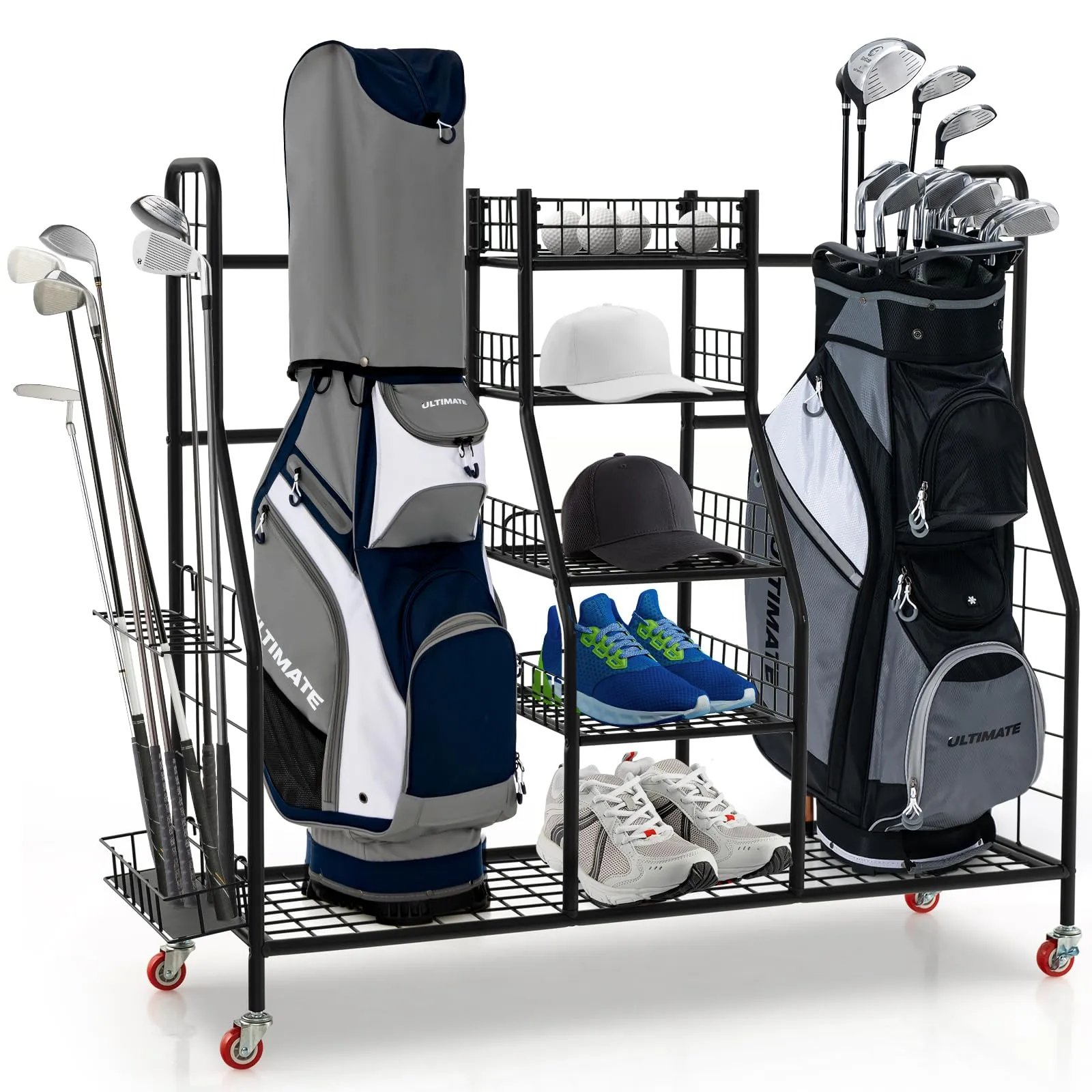 Tangkula Golf Bag Storage Rack for Garage, Heavy Duty Metal Double Golf Bag Storage Rack with Removable Golf Club Stand