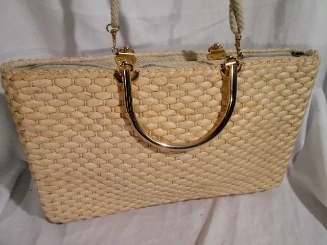 TRIMINGHAM'S BERMUDA ITALY Woven Basket Rattan Tote Shoulder Bag Satchel TAN Vegan