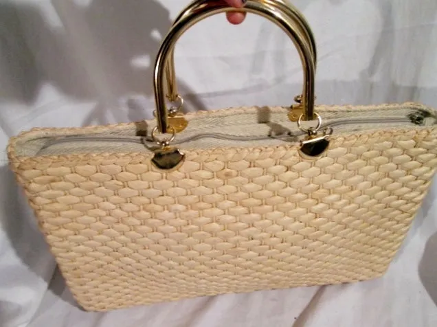 TRIMINGHAM'S BERMUDA ITALY Woven Basket Rattan Tote Shoulder Bag Satchel TAN Vegan