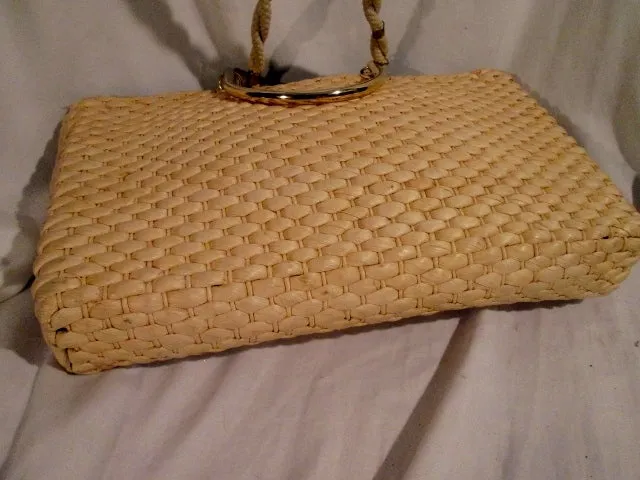 TRIMINGHAM'S BERMUDA ITALY Woven Basket Rattan Tote Shoulder Bag Satchel TAN Vegan