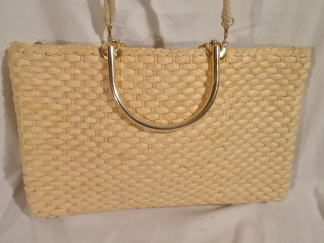 TRIMINGHAM'S BERMUDA ITALY Woven Basket Rattan Tote Shoulder Bag Satchel TAN Vegan