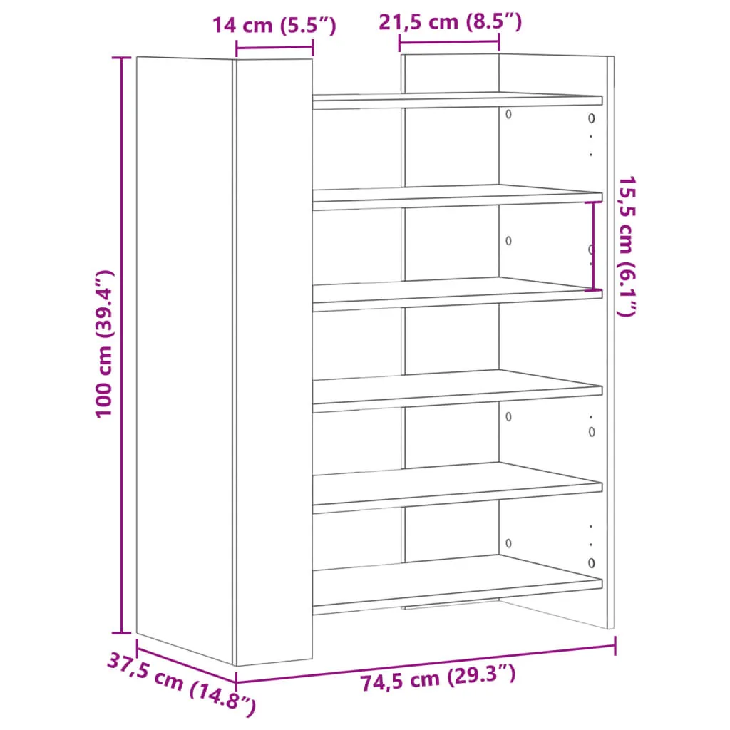 vidaXL Shoe Cabinet Smoked Oak 74.5x37.5x100 cm Engineered Wood