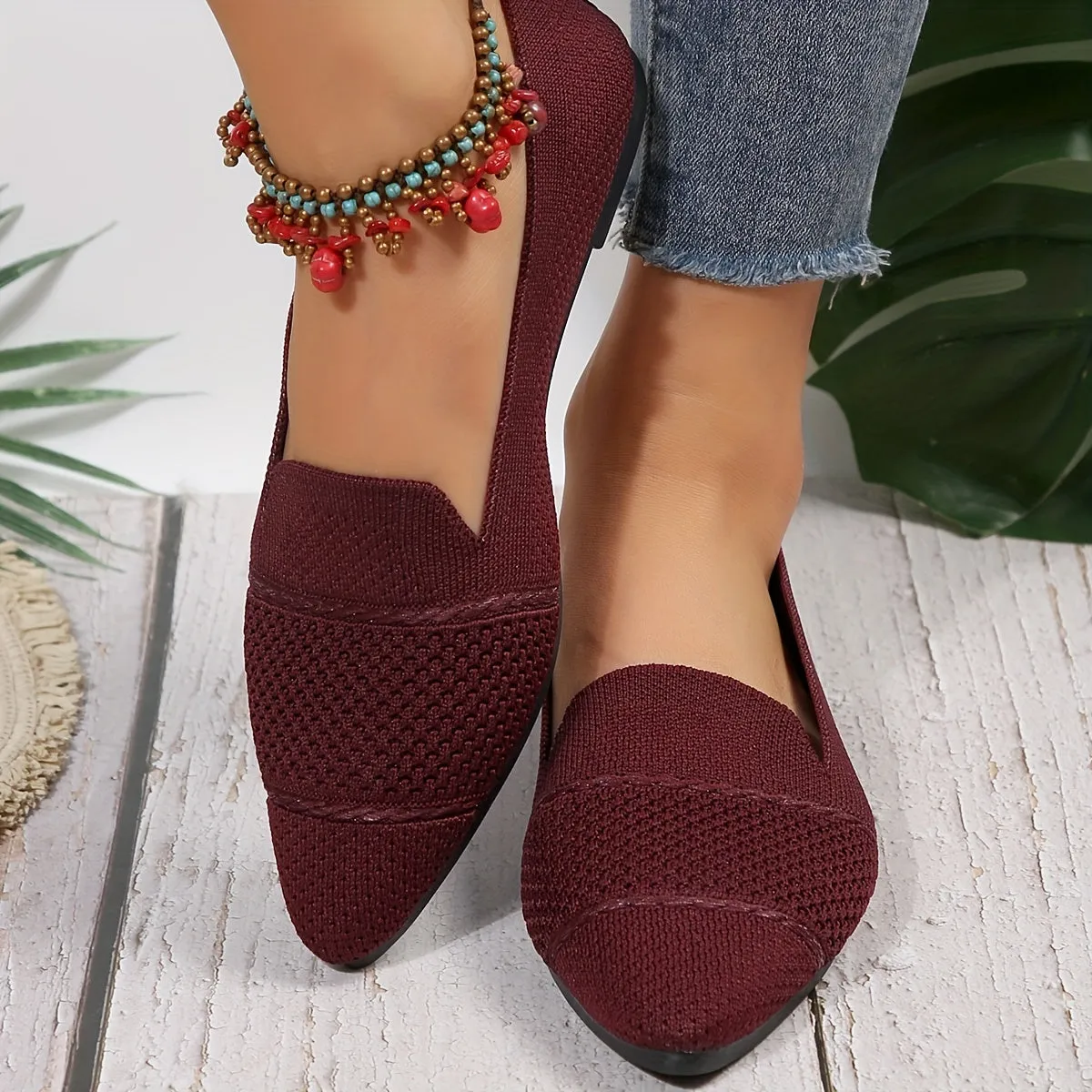 Women's Minimalist Slip-On Knitted Flats, Point Toe, Soft Sole Ballets, Lightweight Comfort