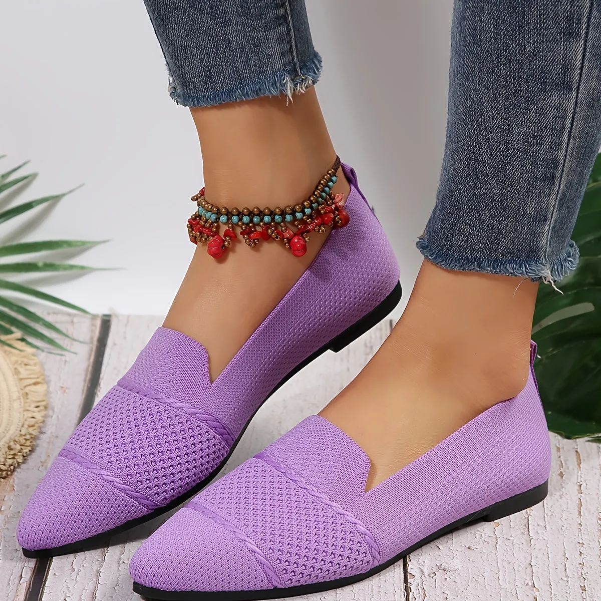 Women's Minimalist Slip-On Knitted Flats, Point Toe, Soft Sole Ballets, Lightweight Comfort