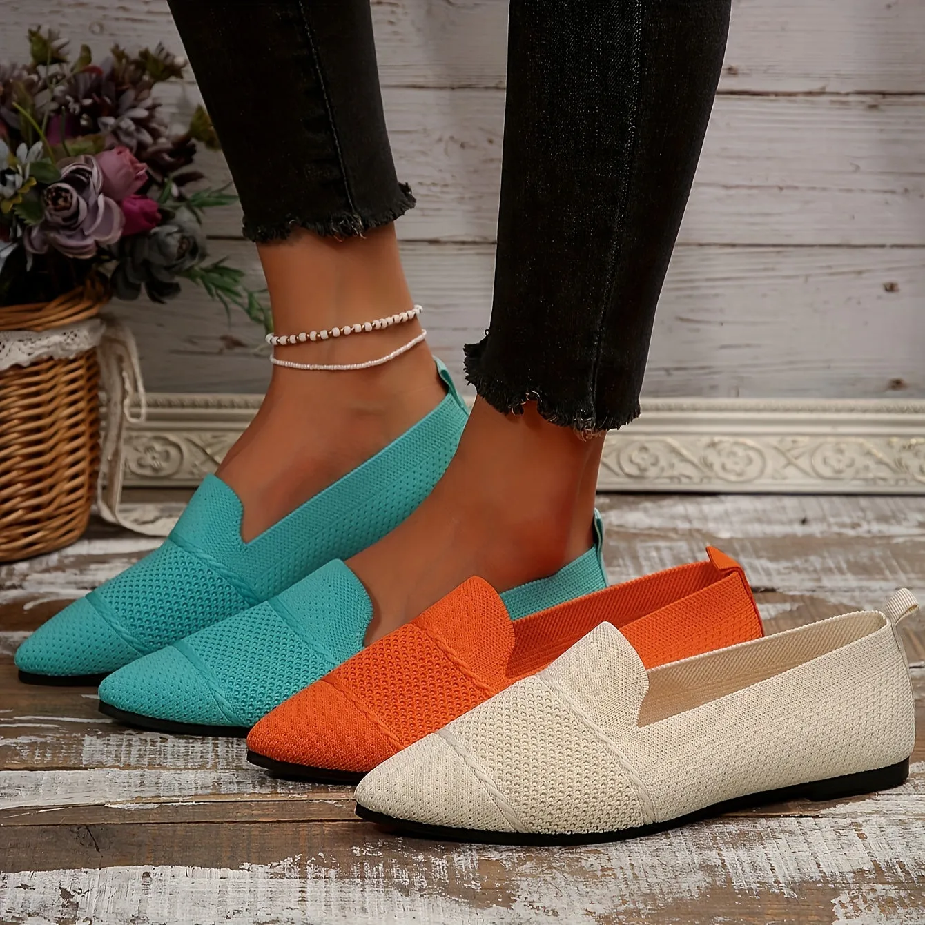 Women's Minimalist Slip-On Knitted Flats, Point Toe, Soft Sole Ballets, Lightweight Comfort