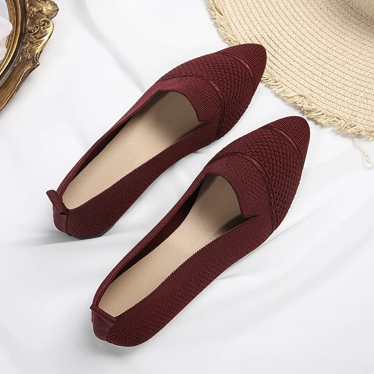 Women's Minimalist Slip-On Knitted Flats, Point Toe, Soft Sole Ballets, Lightweight Comfort