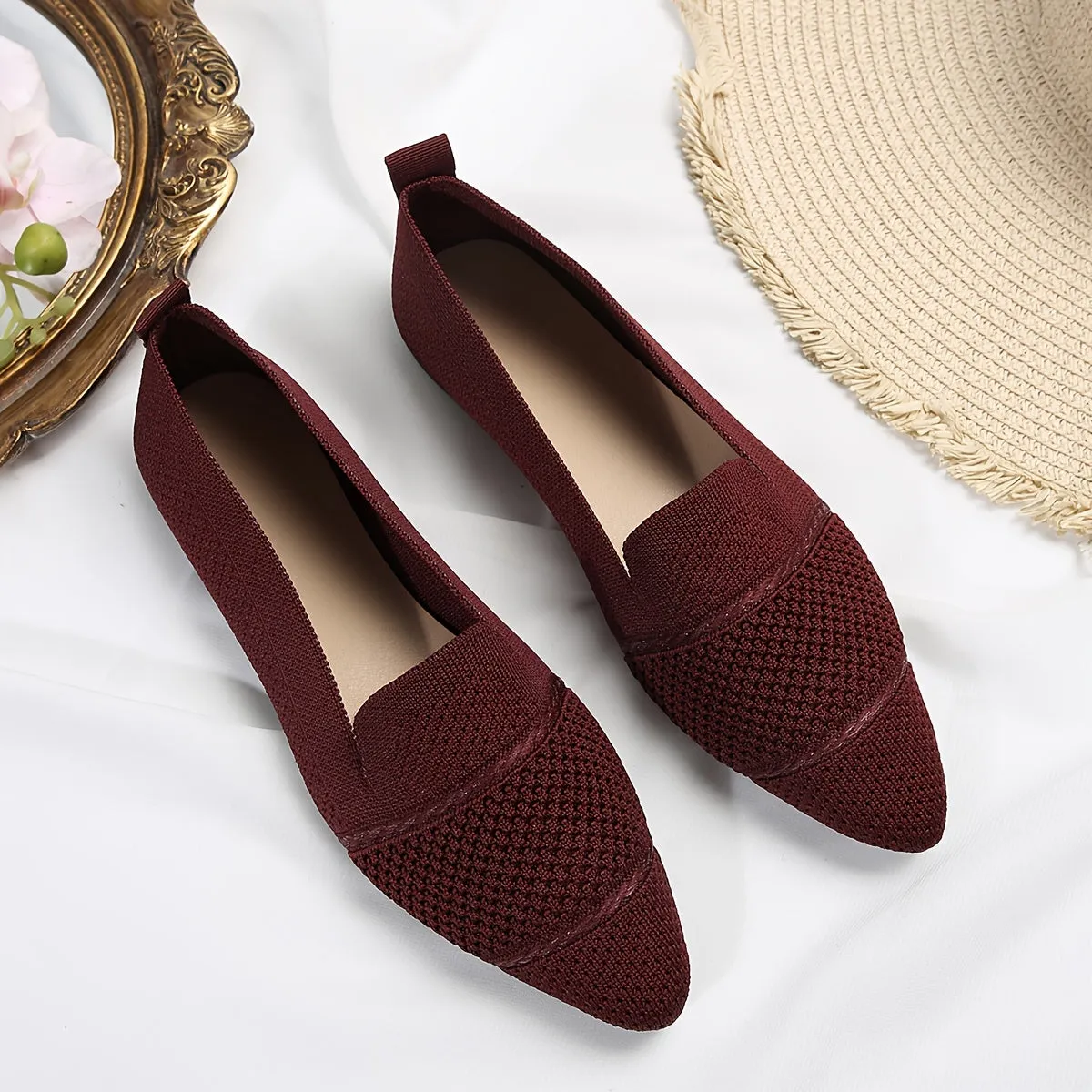 Women's Minimalist Slip-On Knitted Flats, Point Toe, Soft Sole Ballets, Lightweight Comfort