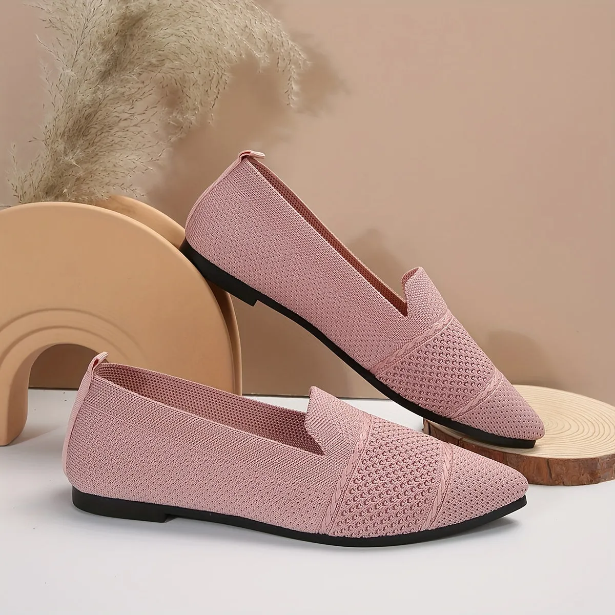 Women's Minimalist Slip-On Knitted Flats, Point Toe, Soft Sole Ballets, Lightweight Comfort