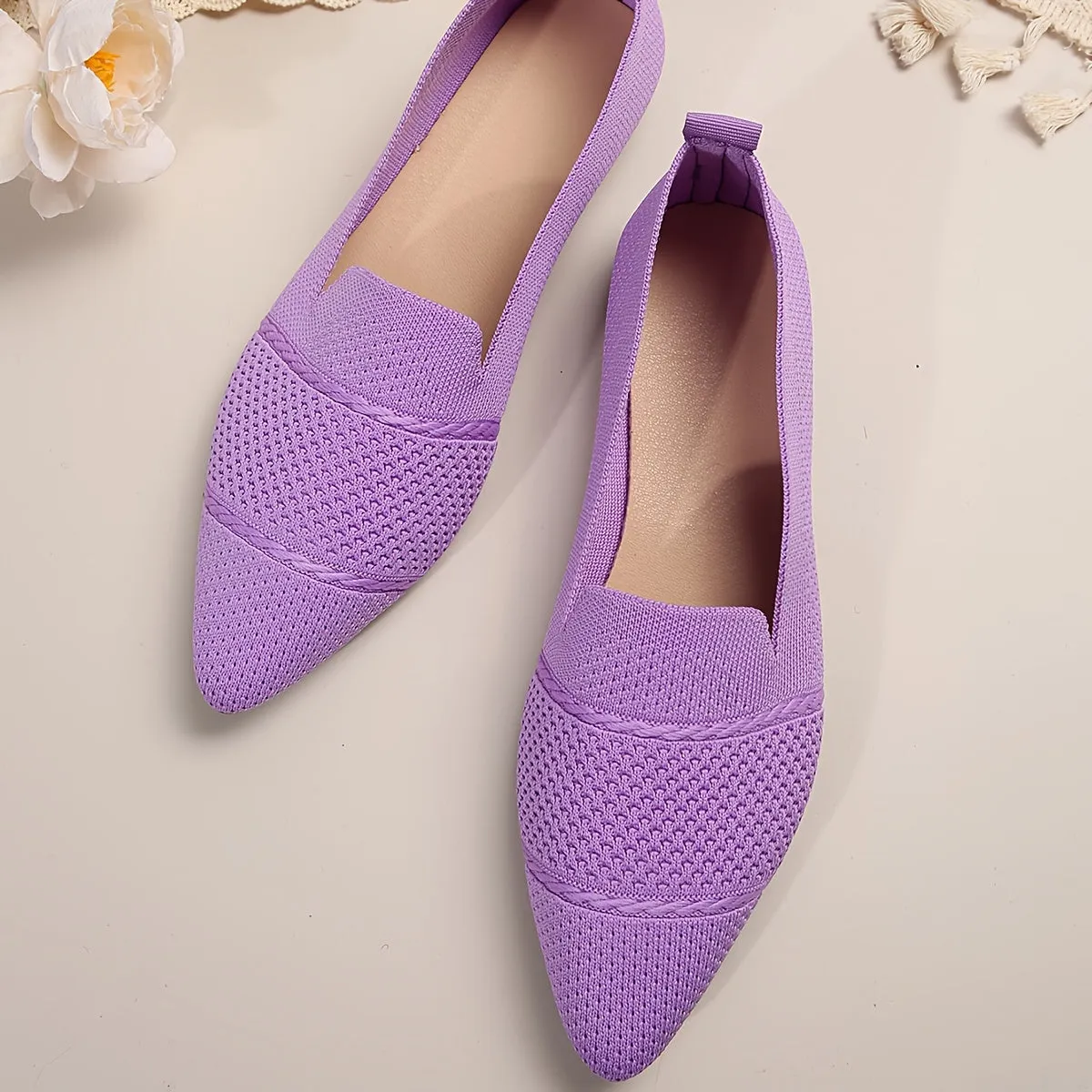 Women's Minimalist Slip-On Knitted Flats, Point Toe, Soft Sole Ballets, Lightweight Comfort