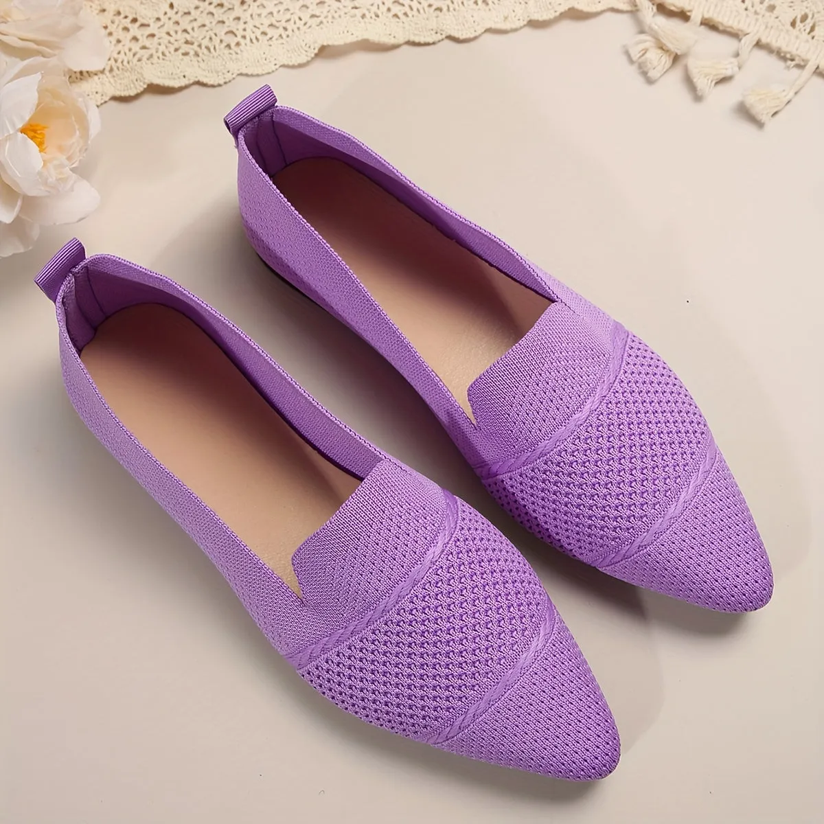 Women's Minimalist Slip-On Knitted Flats, Point Toe, Soft Sole Ballets, Lightweight Comfort