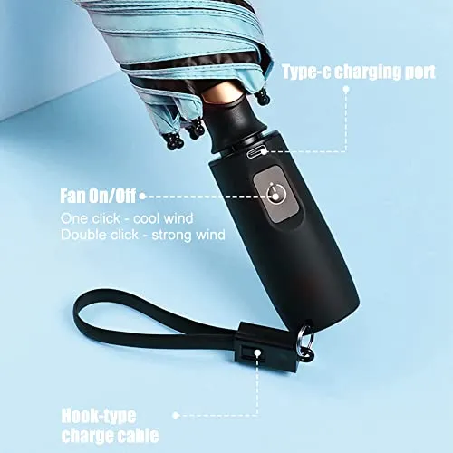 WOOLALA Portable Umbrella with Fan, UPF 50  Sun and Rain Umbrella Travel Umbrella with Personal Cooling Fan, 2600mAh USB Rechargeable, Folding Compact Umbrella for Hot Summer