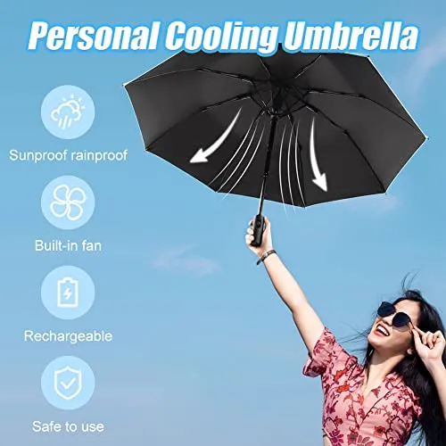 WOOLALA Portable Umbrella with Fan, UPF 50  Sun and Rain Umbrella Travel Umbrella with Personal Cooling Fan, 2600mAh USB Rechargeable, Folding Compact Umbrella for Hot Summer