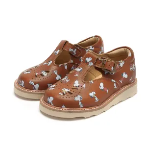 Young Soles Rosie T-Bar Snoopy Leather Shoes - Chestnut Brown